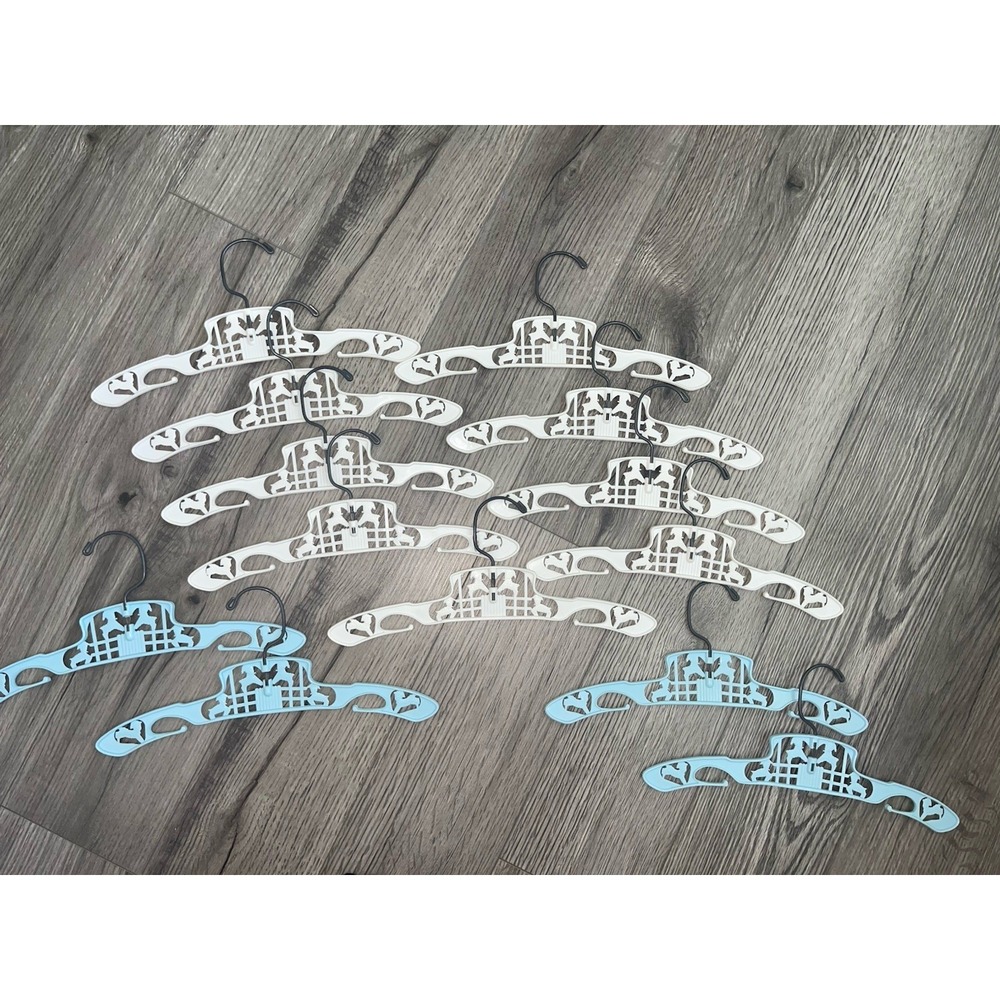 13 Vintage Plastic Nursery Baby Clothes Hangers White & Blue Lamb